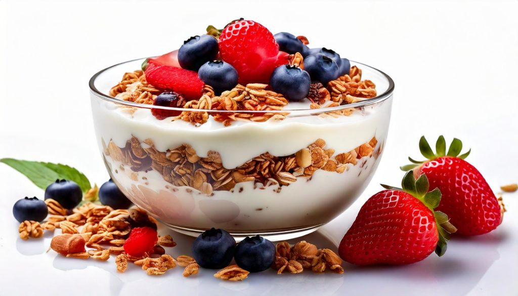 Yogur griego con granola casera y frutos rojos