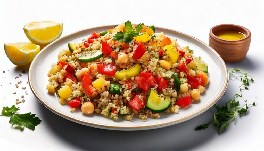 Ensalada de quinoa y garbanzos, con pimientos y pepino