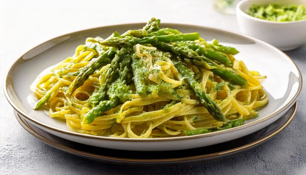 Pasta al pesto con espárragos