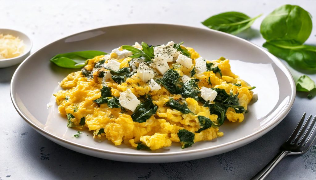 Revuelto de huevos con espinacas y queso feta